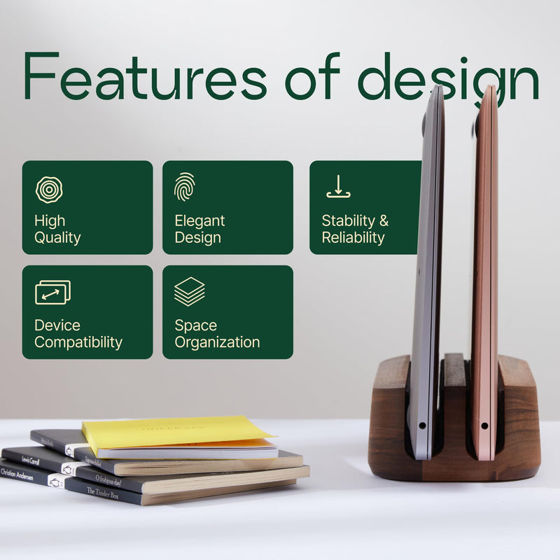 Dual Laptop Stand Vertical Laptop Holder - All MacBook Vertical Stand up to 0.7'' Thick - Handmade Holder Made of Natural Wood (Dual Walnut) Dual Walnut