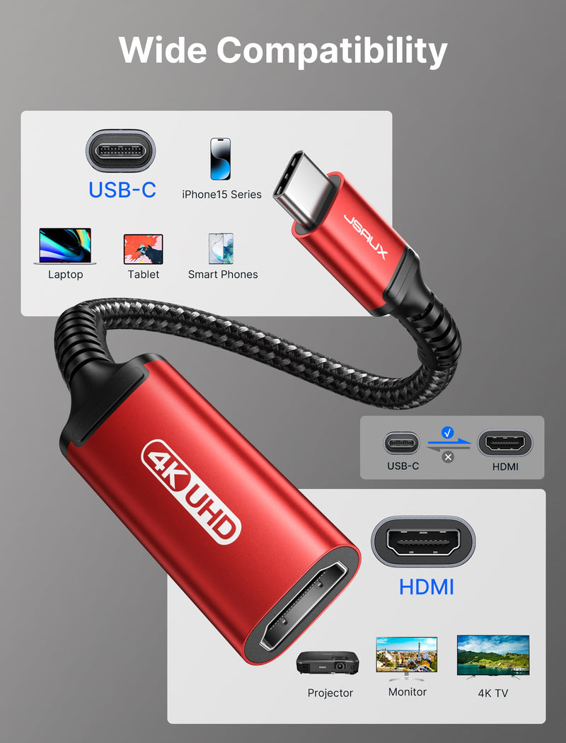 JSAUX USB-C to HDMI Adapter 4K@60Hz,Thunderbolt 3/4 to HDMI Adapter, HDMI to USB-C Adapter Compatible with iPhone 15 Pro/15 Pro Max,MacBook Pro/Air,iPad Pro,Samsung,Surface,XPS13/15 and More, Red