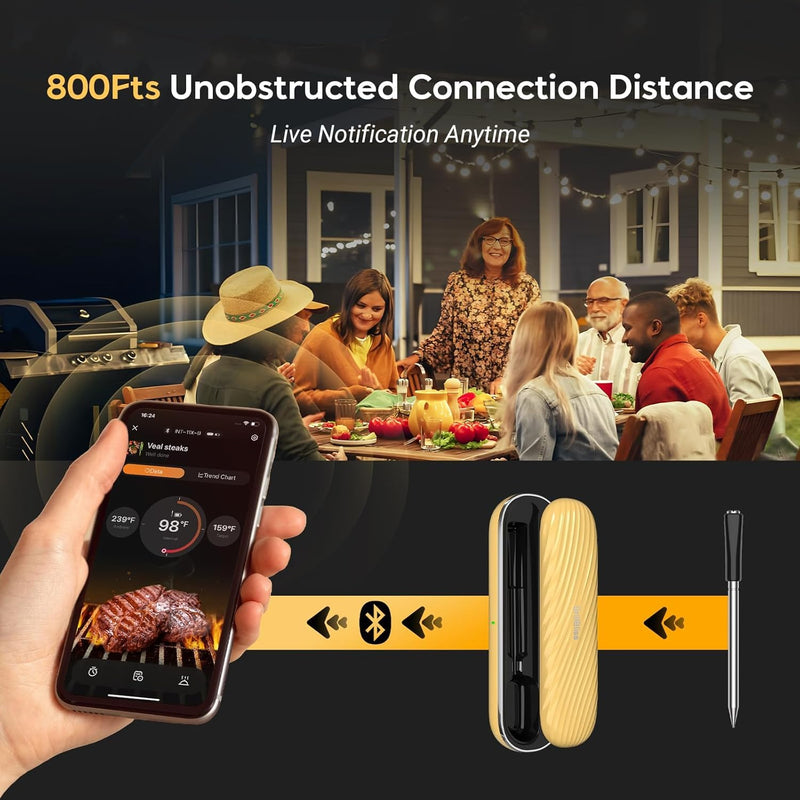 Bluetooth Meat Thermometer - Wireless Meat Thermometer for Grilling and Smoking with IP67 Dual Sensor Probes - Food Thermometer with Smart App Alert for BBQ, Smoker, Oven, Grill and Cooking Yellow