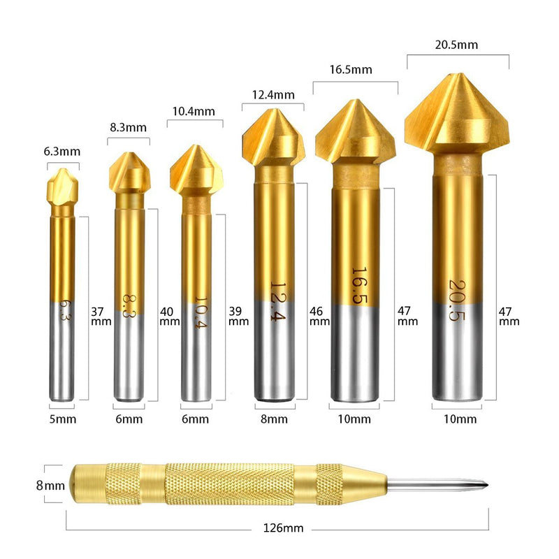 Estmoon 6-piece 90° countersink set, HSS countersink set, titanium coatings, diameter 6.3-20.5 mm, countersink drill with 1 pack of brass automatic center drill punch