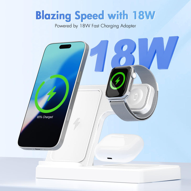 Wireless Charging Station for Apple Devices: 3 in 1 Foldable Qi Compact Case-Friendly Charger Stand for iPhone 16-12 & Apple Watch & AirPods Charging Dock for Travel Home Office Desk Nightstand(White) White 1