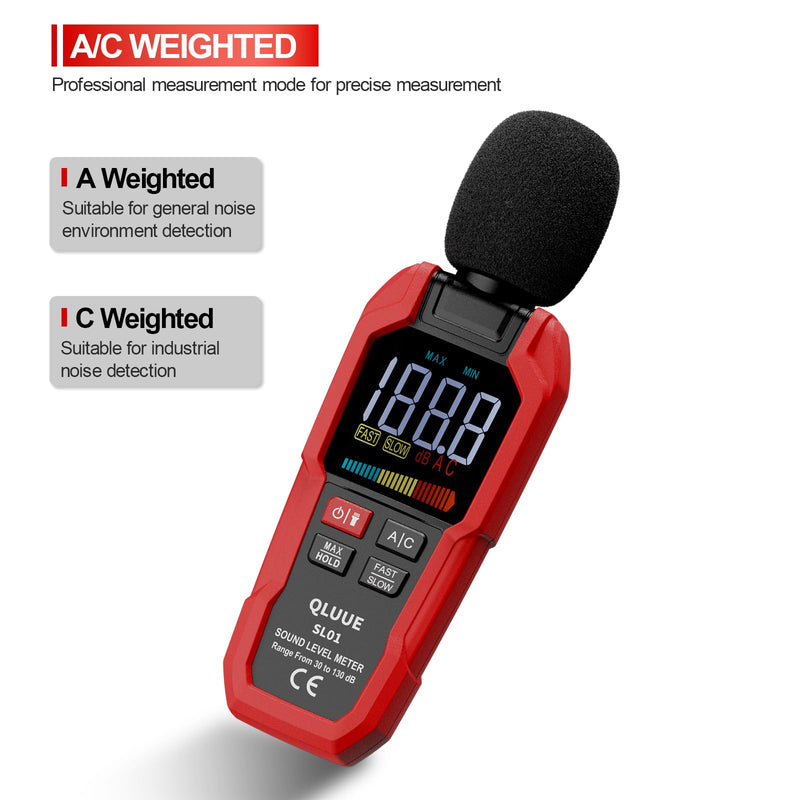 QLUUE Sound Level Meter Digital Portable Decibel Meter 30dB to 130dB A/C Weighted LCD Display Can be used at home, factory and street