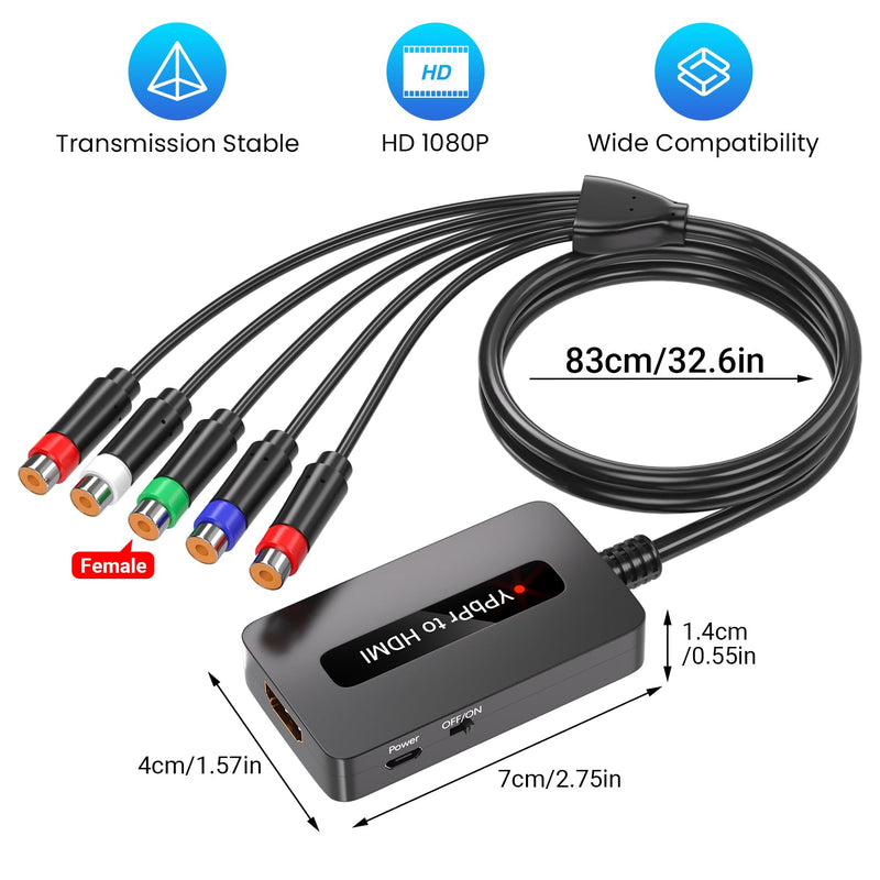 1080P Female Component to HDMI Converter, YPbPr to HDMI Converter for Connecting Old Game Consoles with Male Component to HDTVs