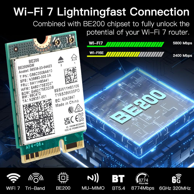 BE200NGW WiFi 7 Wireless Card, M.2 NGFF,WiFi 7 BE200 Tri-Band Network Adapter with 8774Mbps Speed and BT5.4 WiFi Card for PC,Not Support AMD for Windows 10/11
