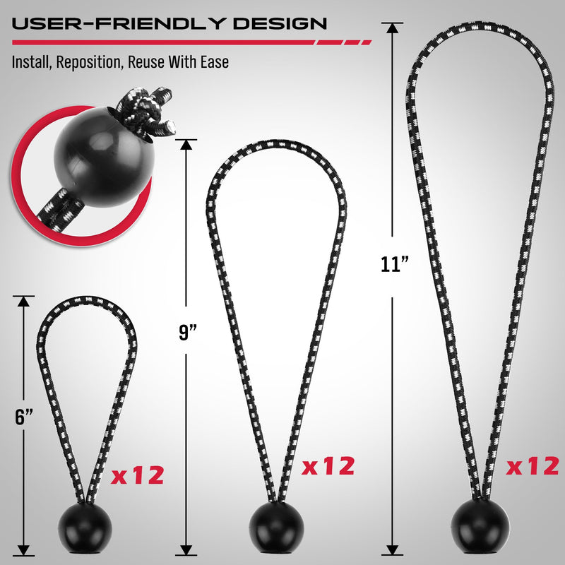 Ball Bungee Cord Bungee Balls: 36PCS 6" 9" 11" Elastic Bungee Ball Rope Tarp Tie Down Heavy Duty Tent Strap Hook Canopy Umbrella Rubber Adjustable Awning Hanging String 36PCS Ball Bungee Cord Bungee Balls