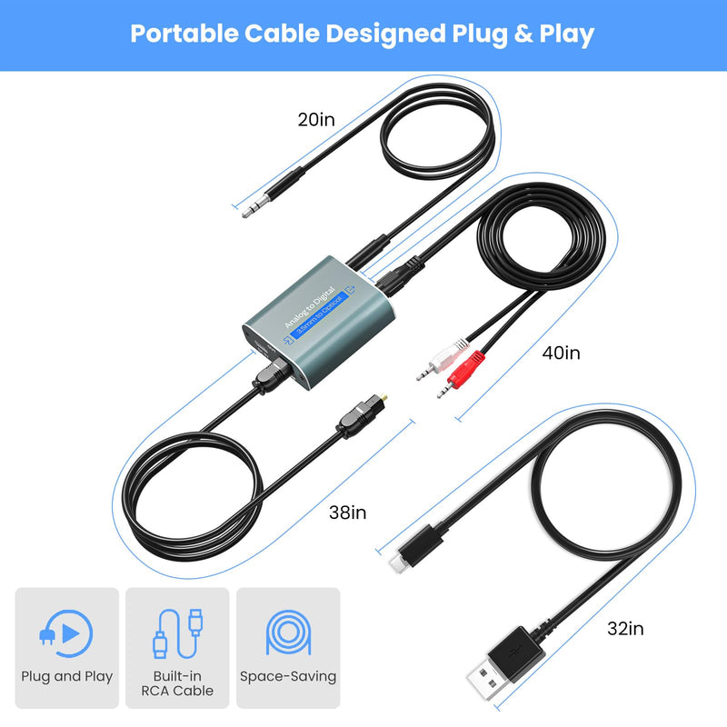 Analog to Digital Audio Converter with Cable 7ft/2.1m RCA AUX to Optical Audio Cable AUX RCA Input Optical Output, 3.5mm to Optical Audio Adapter for Soundbar, Computers, and projectors etc Green