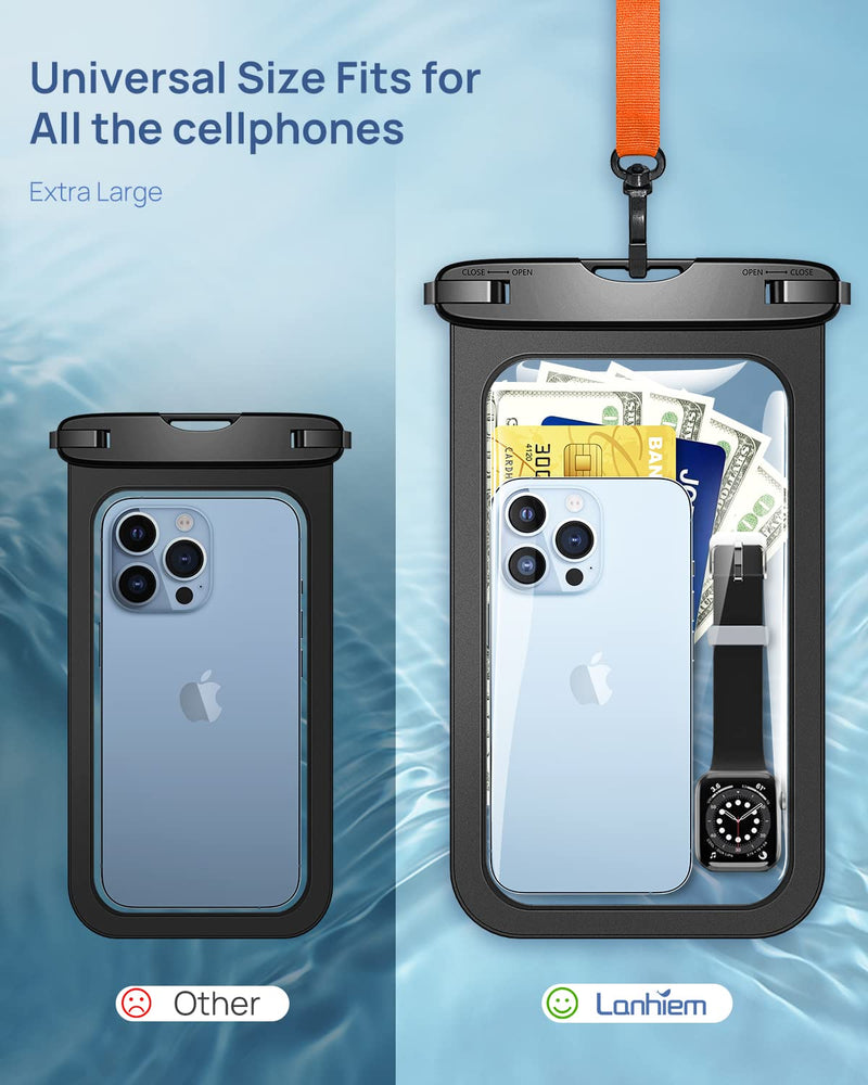 Lanhiem 10.5" Large Waterproof Phone Pouch, 2 Pack Universal IPX8 Waterproof Dry Bag with Lanyard for iPhone 15 14 13 Pro Max, Samsung Galaxy S24 S23 S22 Ultra, S23 FE, Pixel 8 Pro, Black+Black