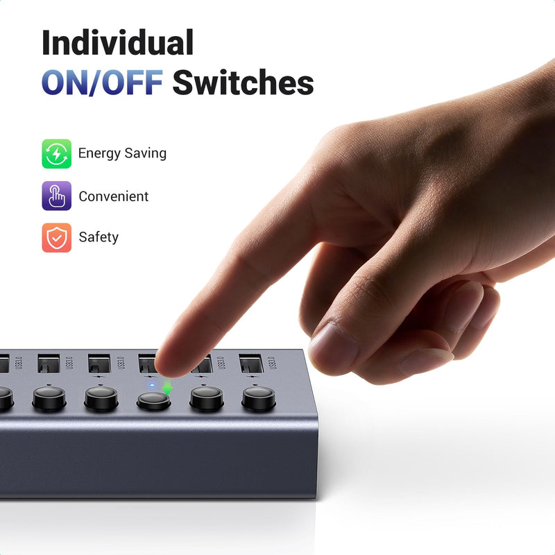 UGREEN Powered USB 3.0 Hub, 7-Port USB Adapter with 4 Smart Charging Ports, USB Splitter with Individual Led On/Off Switches and Power Adapter, USB Ports Extender for Laptop PC