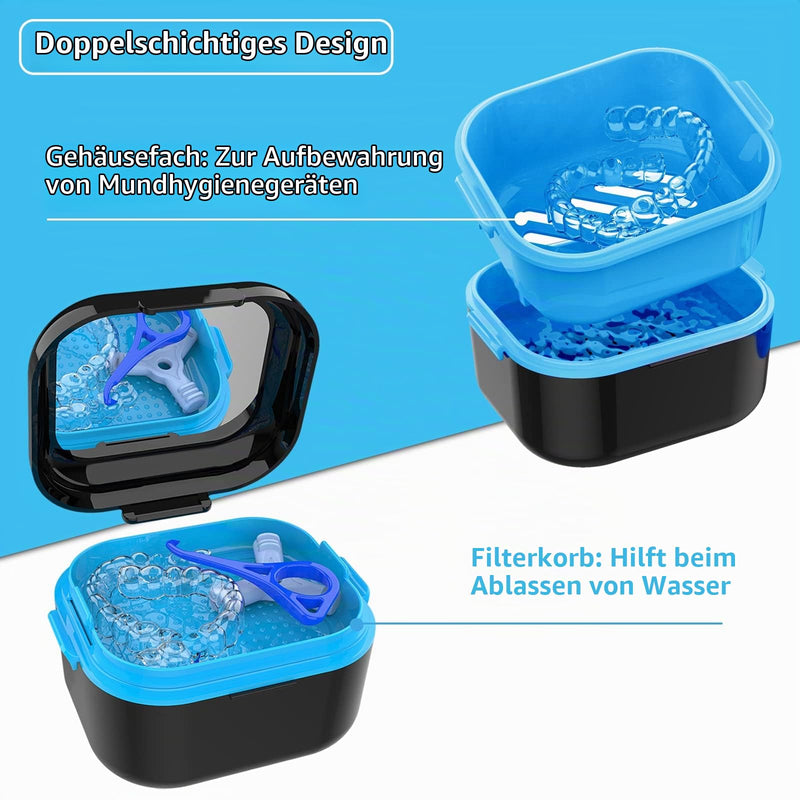 BVN Braces Box & Teeth Cleaner Set - Storage Box for Dental Splint, Prosthesis & Bit, Includes Cleaning Tablets, Denture Container, Travel-Friendly, Black Black Blue
