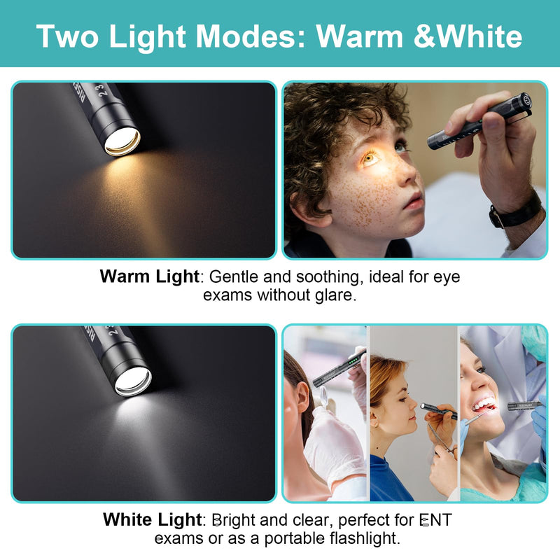 RISEMART Medical Diagnostic Light, Rechargeable LED Pupil Light with Battery Display, Warm/Cool White & Continuous Dimming, Portable Aluminum Medical Digital Penlight black