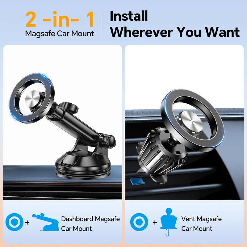 for iPhone MagSafe Car Mount【 Windshield + Vent + Dash 】 Window Magnetic Phone Holder for Car Magsafe Suction Mount【360° Rotation】 Dashboard Car Phone Holder Mount for iPhone 15 14 13 12 Pro Max Plus