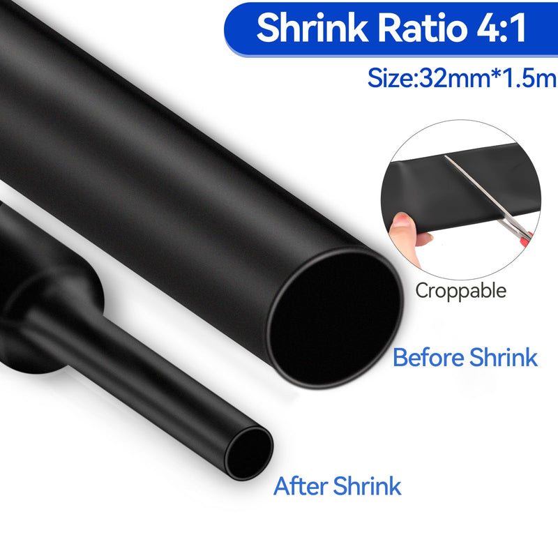 Heat Shrink Tubing, Heat Shrink Tubing with Adhesive, 4:1 Heat Shrink Tubing Waterproof, Heat Shrink Tube Black for Cable Insulation, Marking, Cable Bundling, Repairs (32mm x 1.5m) 32MM*1.5M