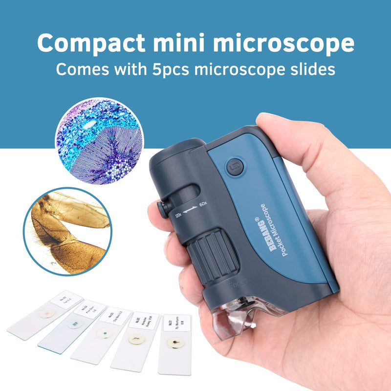 BEBANG Pocket Microscope for Kids, Handheld Mini Microscope with LED, 5 Prepared Slides, 60x-120x Portable Microscope for Kids Students Microbiological Observation Preschool Study 120X
