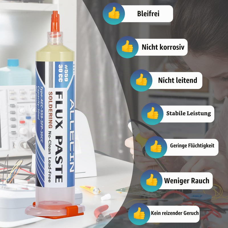 Flux Soldering No Clean Soldering Flux 30 ml Lead-Free Soldering Flux Paste 30CC No Cleaning Soldering Flux Paste AEC-559-SFP-30CC with Push Rod Syringe for SMD PCB BGA (Pack of 1) 559-30CC