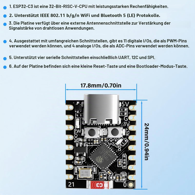 Heemol Pack of 3 for ESP32-C3 Super Mini Development Board with WiFi/Bluetooth 5.0 ESP32 Mini Module, RISC-V 32-bit CPU, 160MHz, 400KB SRAM, Ideal for IoT Arduin0 Wearables & Smart Home ESP32 C3 Mini