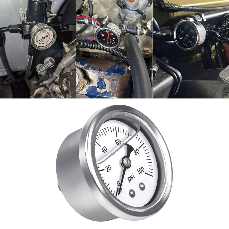 0-100 PSI Fuel Pressure Gauge, 1.85" White Dial, 1/8" NPT Center Back Mount, Glycerin Liquid Filled, 304 Stainless Steel case, Inline Low-Pressure Gauge, for Oil Water Air Pressure Test 0-100PSI