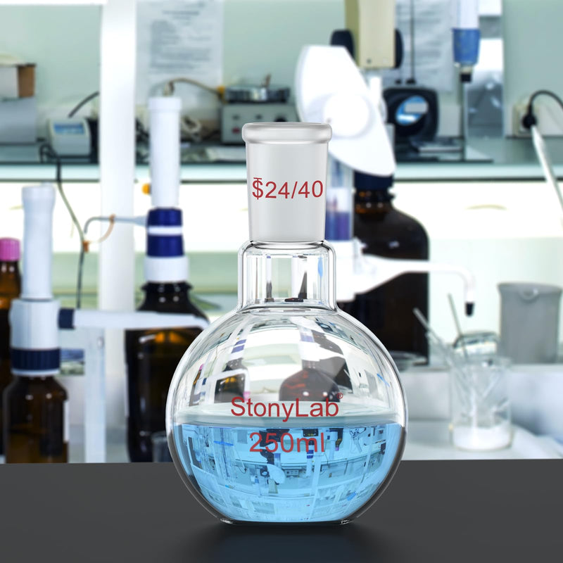 StonyLab Borosilicate Glass Heavy Wall Single Neck Flat Bottom Boiling Flask, with 24/40 Standard Taper Outer Joint, 250ml 250 mL