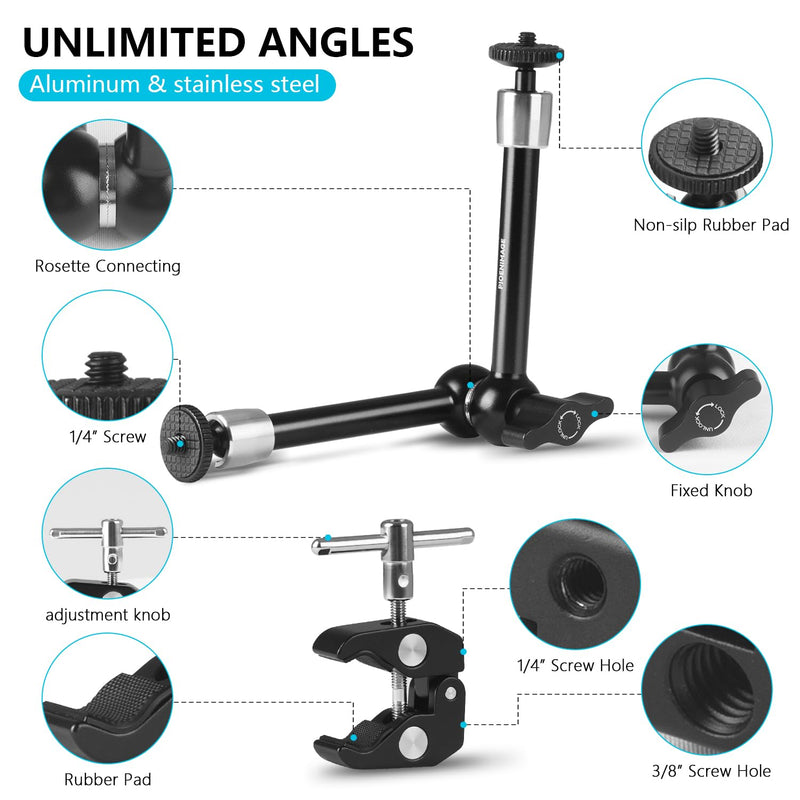 9.8" Adjustable Magic Arm with 1/4", Clamp with 1/4" and 3/8", Magic Arm Camera Mount for Photography, Video Recording, LCD Monitor, LED Lights, Microphone