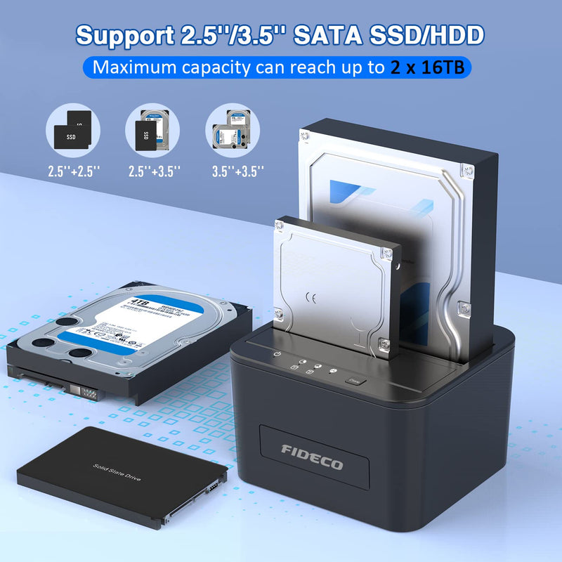 FIDECO Hard Drive Docking Station, USB 3.0 SATA HDD Docking Station for 2.5 & 3.5 inch SATA HDD/SSD, Dual Bay, Support Offline Clone and UASP