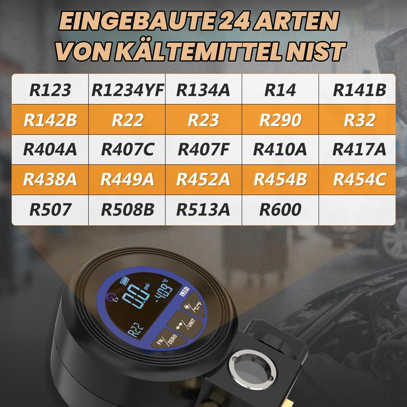Digital Air Conditioning Pressure Gauge, Pressure Vacuum and Leaks | Refrigerant filling, compatible with 24 refrigerant types R32 R1234yf R134a, ±0.5% FS accuracy, digital vacuum gauge