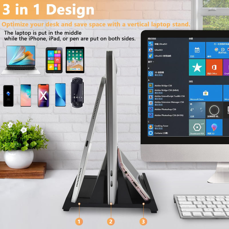 Vertical Laptop Stand Holder, ABS Organizer with Adjustable Dock, All in 1 Design Space-Saving, Sturdy Laptop Computer Holder for PC up to 17.3 inches, MacBook, Mini PC, Pad, Phone (Black, 1 Slot) Black