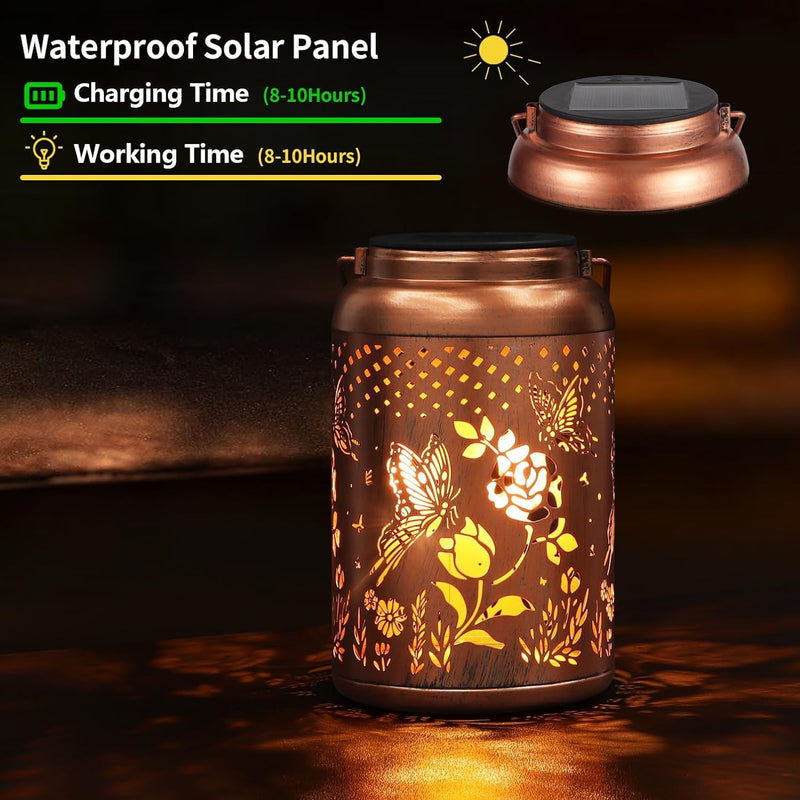 2 Pack Solar Lanterns Outdoor Waterproof, Butterfly Rose Garden Decor Birthday Gifts for Women Mom Grandma Hanging Solar Lights Metal Solar Decoration Outside for Yard, Patio, Lawn 2