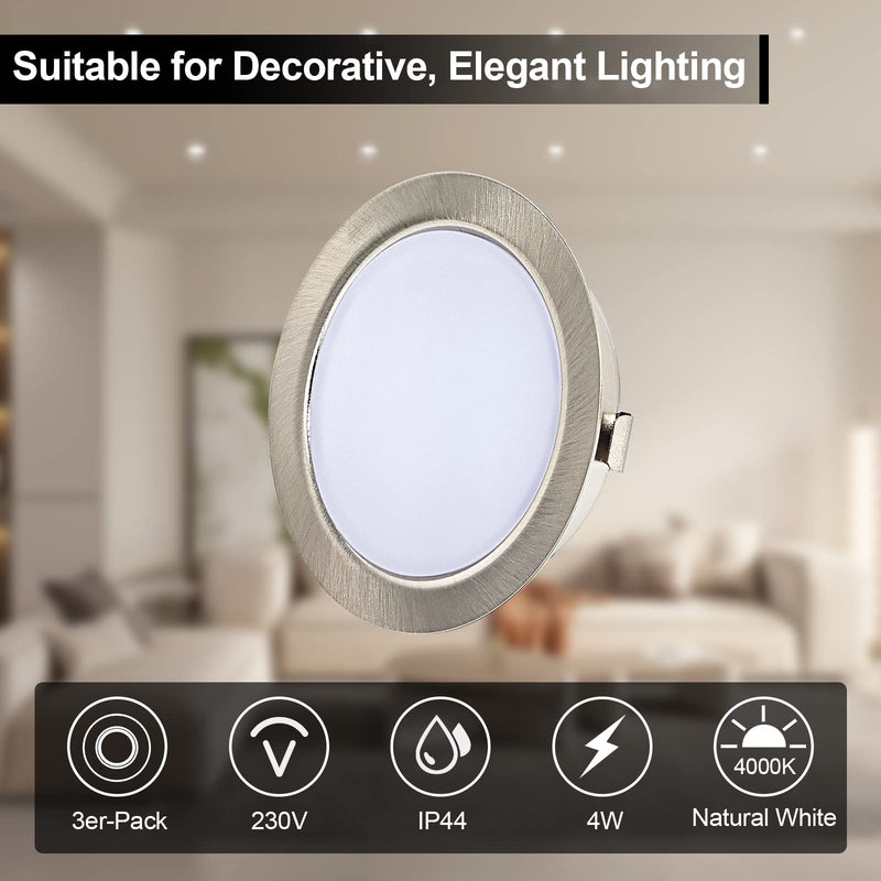 KYOTECH LED recessed furniture light dimmable 230V 4W 4000K warm white G4 LED 300LM bulb furniture recessed spotlight, drill hole 54-58mm and 20mm flat, brushed stainless steel nickel set of 3