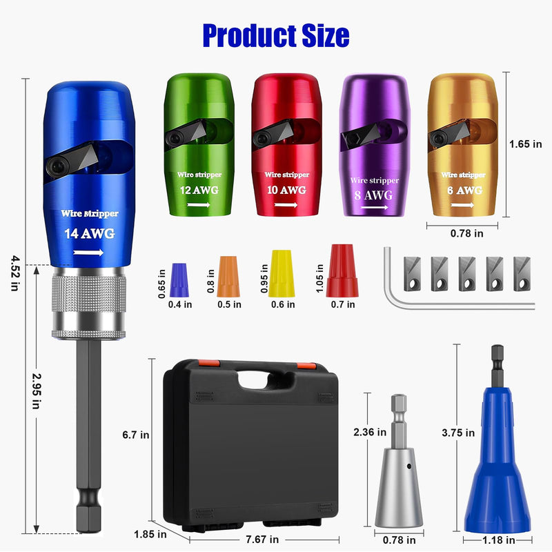 Wire Stripper Twister Tool for Drill,2025 Upgraded Wire Stripping Tool & Wire Twisting Connector for Cutters 6-14 AWG,8 In 1 Professional Electrician Twister Stripping with 70 PCS Wire Nut 5 PCS Blade