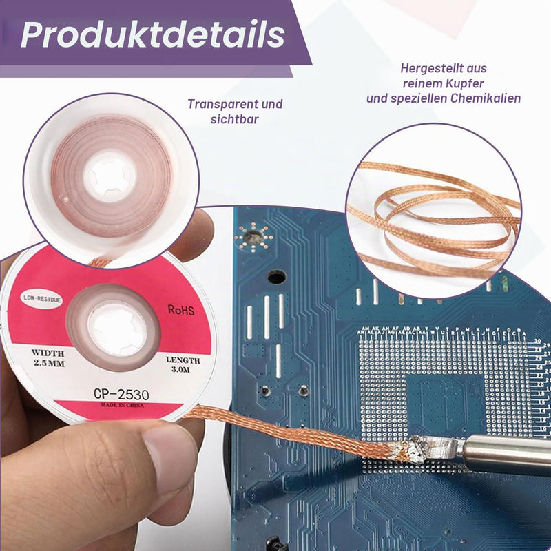 Desoldering Braid Set of 4, 2 mm, 2.5 mm, 3 mm, 3.5 mm, Copper Desoldering Wire, No-Clean Desoldering Braid, Ideal for Desoldering and Removing Solder from Solder Points | No-Clean desoldering wire, ideal for desoldering and removing solder from solder...