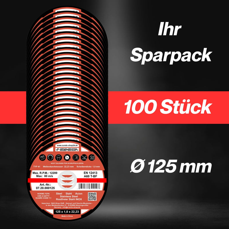 Pack of 100 cutting discs Ø 125 x 1.0 mm | INOX cutting discs | for metal steel stainless steel | Angle grinder flex discs grinding discs