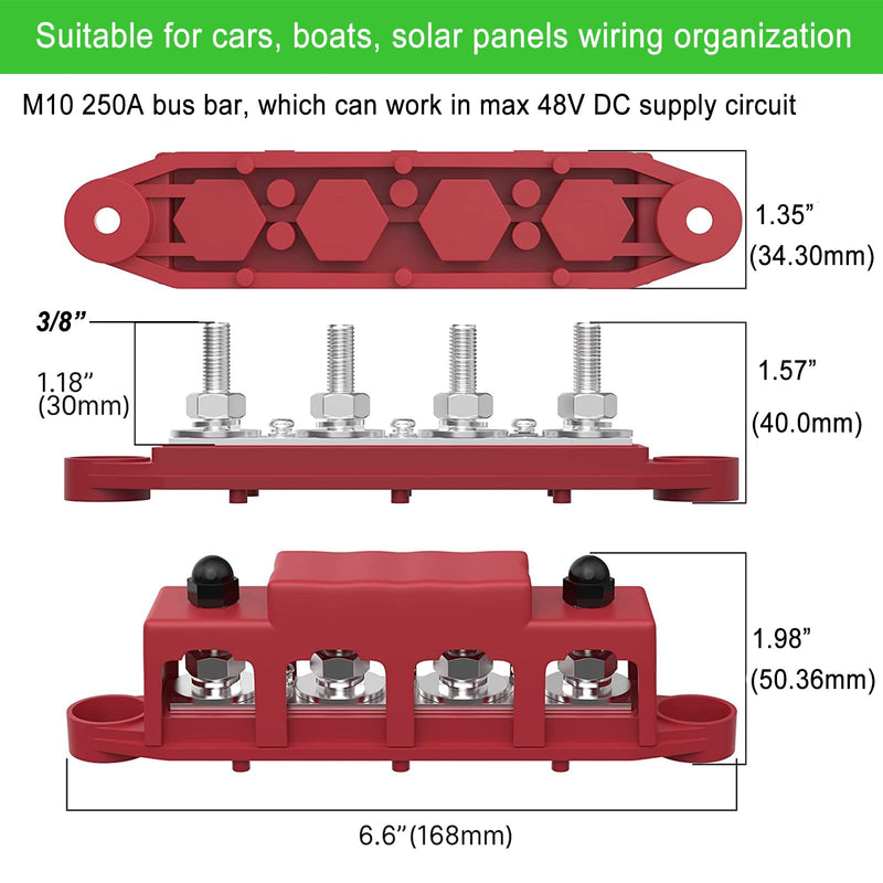 250A 12V BusBar 3/8" Power Distribution Block 4 Studs Junction Block Automotive Marine Battery Busbar Terminal Block with Cover 12 Volt Negative&Positive