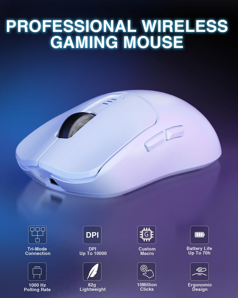 AULA SC580 Wireless Gaming Mouse, Tri-Mode 2.4G/BT5.0/USB-C Gaming Mouse, 10000 DPI Rechargeable Wireless Mouse with 6 Programmable Buttons, Ergonomic Computer Mouse for Laptop/PC/Mac/Tablet White