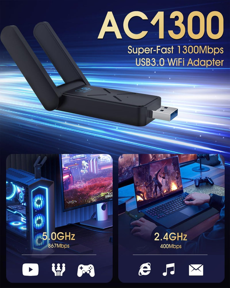 Wireless USB 3.0 WiFi Adapter for Desktop PC, AC 1300Mbps USB WiFi Dual-Band Network Adapter for PC with 2.4G/400Mbps 5G/867Mbps,Dual 5Dbi Antennas, Wireless WiFi Dongle for Windows 11/10/8.1/8/7/XP
