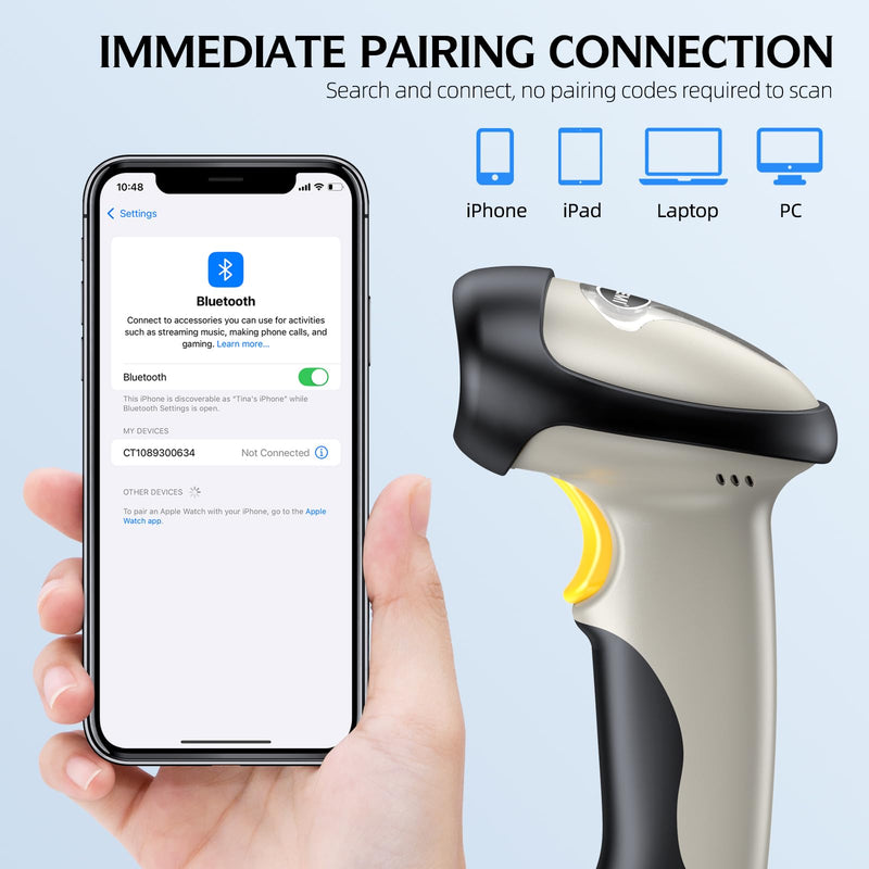 TEEMI Bluetooth Barcode Scanner with Optional Stand, 1d Laser Handheld Automatic Bar Code Reader for iPhone iPad Android Tablet PC, Mac OS X, Android, Windows 10 and iOS 14 (Stand Included) Stand Included
