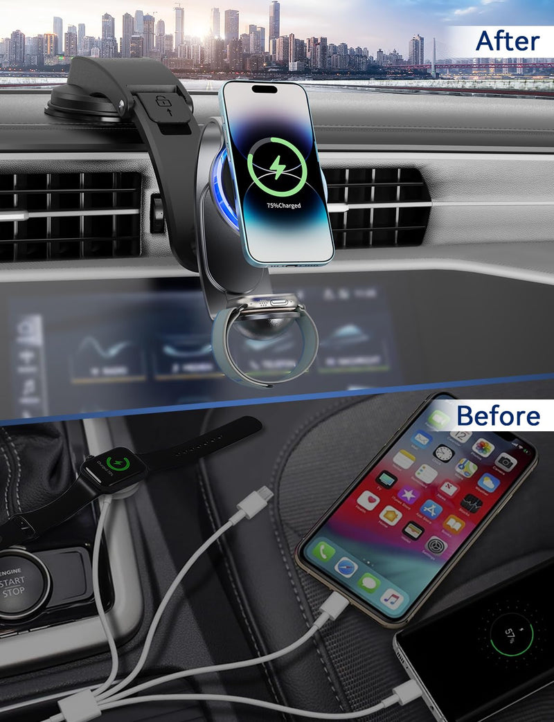 2 in 1 for MagSafe Car Mount Charger Wireless - 18W Aluminum Alloy Magnetic Car Charger with 42.5W Car Power Adapter - Dashboard Car Phone Holder Mount for Apple Watch/iPhone 15/14/13/12/Magsafe Case