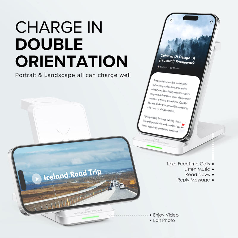 Wireless Charging Station, 3 in 1 Fast Wireless Charger Stand for Multiple Devices Apple Watch Ultra Series 9 8 7 6 SE 5 4 3 2, iPhone 16 15 14 13 12 11 Pro Max/Plus/Mini/X/XS/Max/XR/SE, Airpods White