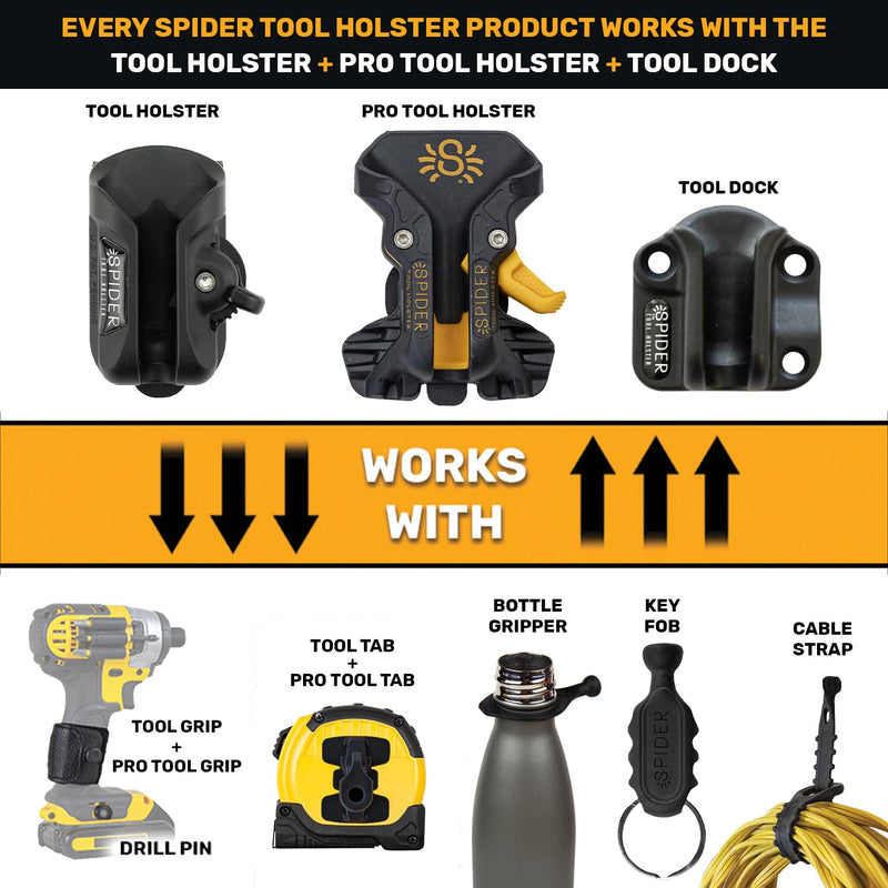 Spider Tool Holster - Pro Tool Holster + One Tool Grip + One Driver Pin - Upgraded, Self Locking Multi Tool Holder with Ambidextrous Thumb Lock