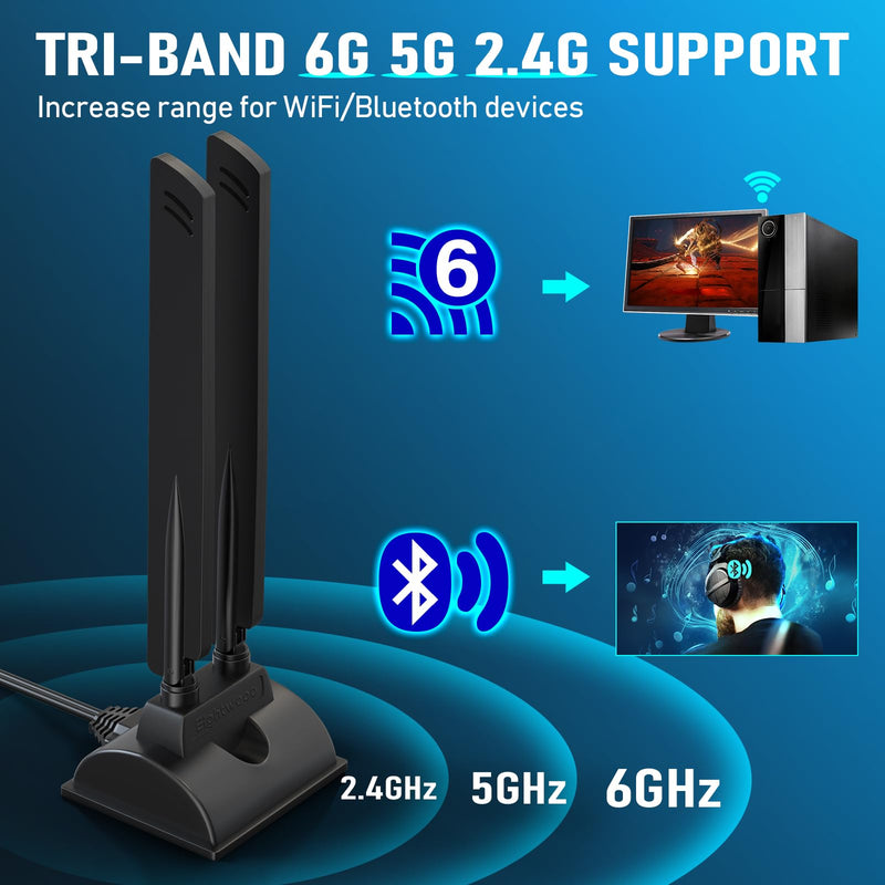 Eightwood WiFi 6E Antenna Tri-Band 6GHz 5GHz 2.4GHz RP-SMA WiFi Antenna Magnet Mount Base for PC Desktop Computer Motherboard WiFi Bluetooth Card Wireless Router RP-SMA WiFi 6E Antenna style 1