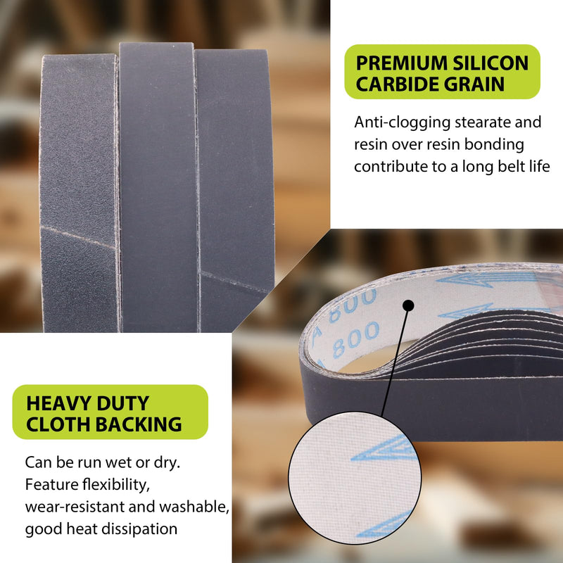 18 Pack 1-1/2 x 30 Inch Silicon Carbide Sanding Belts, 3 Each of 120 240 400 600 800 1000 Grits Sander Belts for Knife Sharpening, Metal & Woodworking, 1.5 x 30 Sanding Belts 1-1/2x30 inch