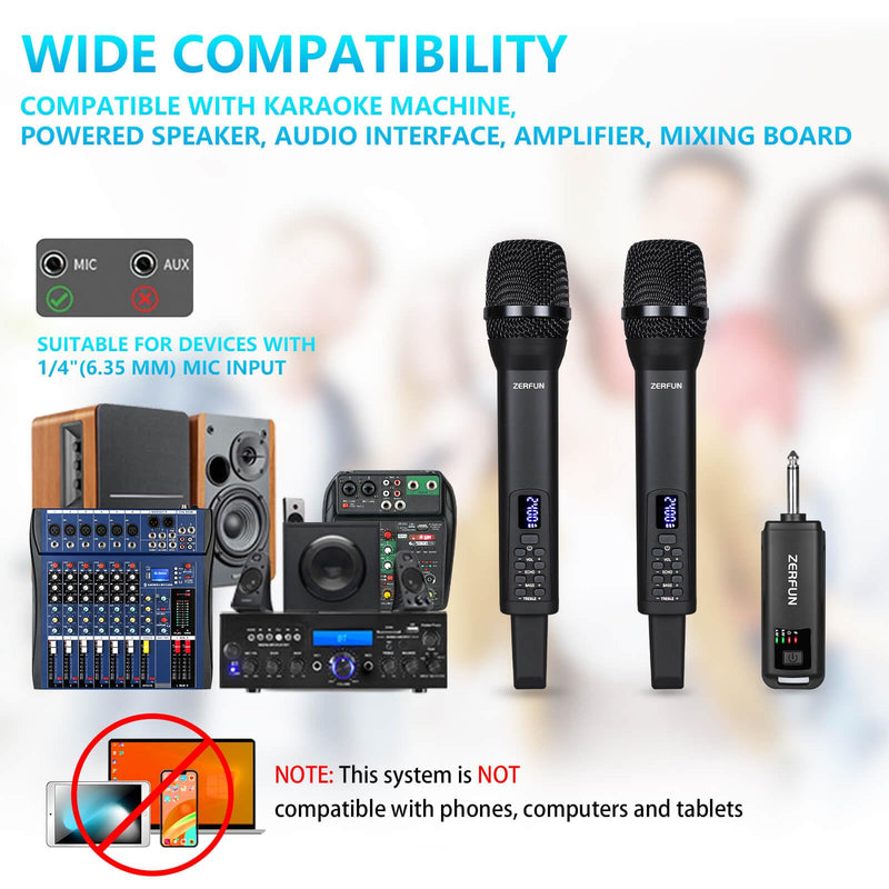 Rechargeable Wireless Microphones Dual, Pro Handheld Cordless Mics System Dynamic with Echo Treble BASS VOL Control for Karaoke Singing Church Party, 1/4'' Output, D240, Black 2 Mics, Black