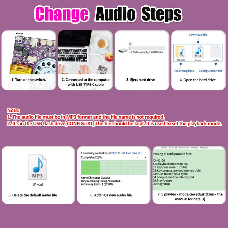 Sound Module, 16MB Push Button, Magnetron, Light Control Activated Recordable Voice Sound Chip Module with LED Light Strip, Speaker, for Greeting Card Audiobook, Xmas Presents Boxes, Kids's Toys.