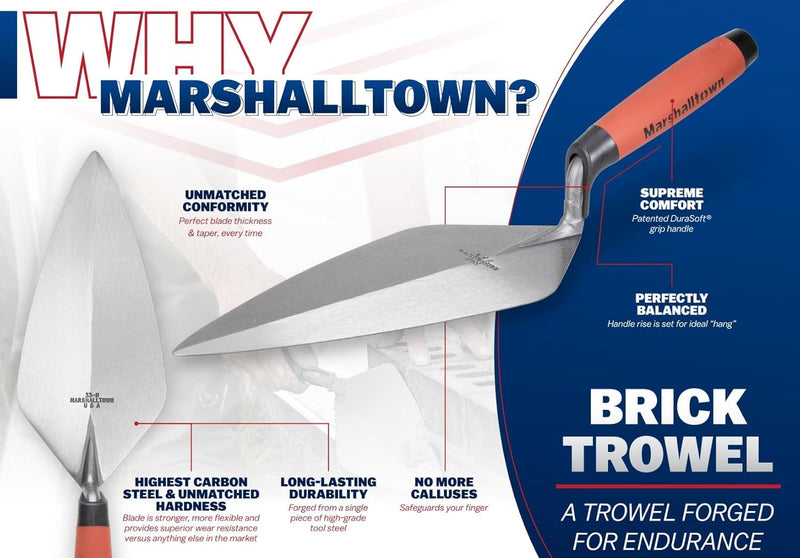 Marshalltown Philadelphia Brick Trowel, 11 x 5 1/2 Inch, DuraSoft Handle, Assembled in USA, Forged High Carbon Steel, Brickwork, Blockwork, Stonework, Masonry Trowel, Bricklayer Tools, 19 11FG
