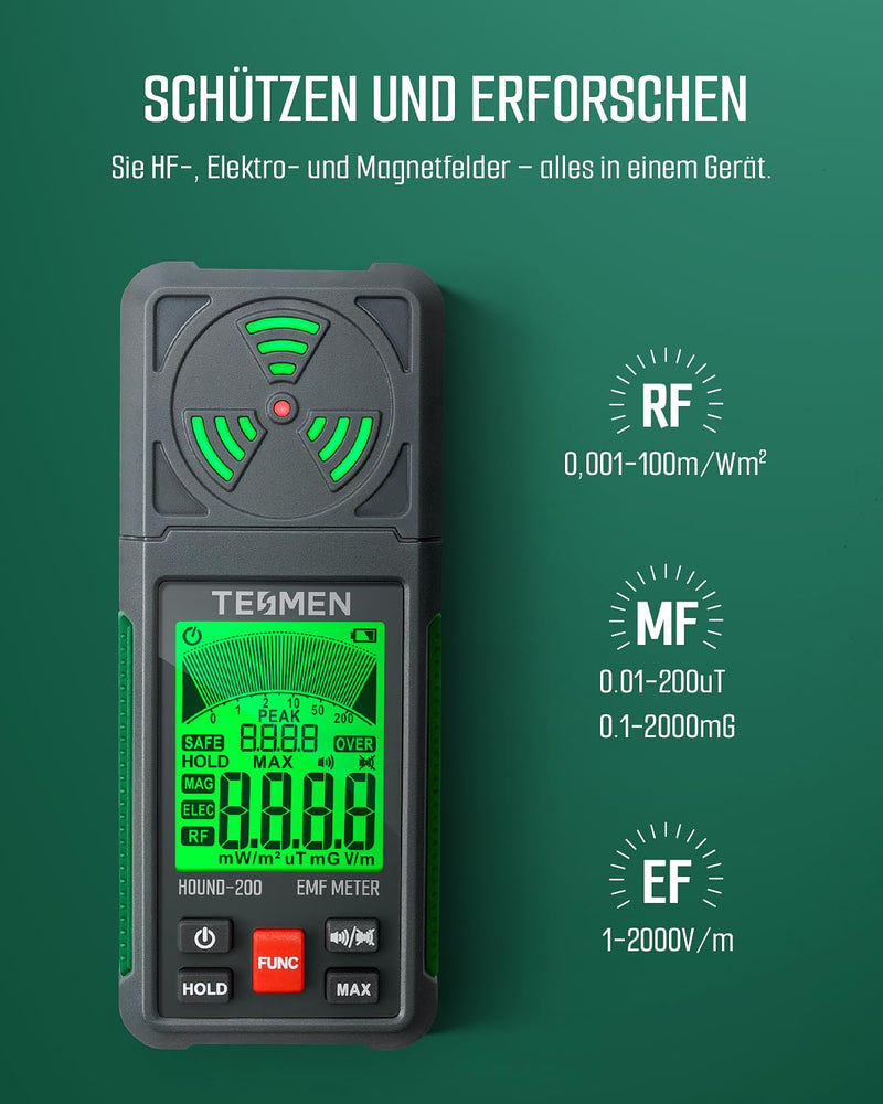 TESMEN HOUND-200 EMF Meter, 3-in-1 Portable Electromagnetic Field Radiation Detector for EF RF MF, WiFi Signal, Used in Home and Outdoor EMF Inspection and Ghost Hunting - Green
