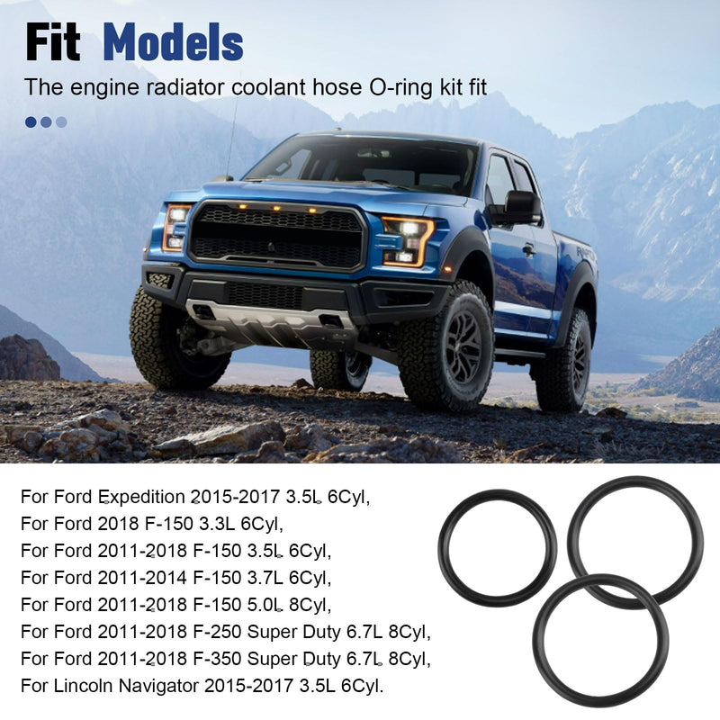 Radiator Hose and T-Pipe Coolant Tee O-Ring Kit Fit for Ford F-150 5.0L 2011-18 Mustang DR3Z-8566-A & BC3Z-8590-F, Engine Hose O-Rings Repair Kit Compatible with Lincoln Select Models, 3Pack