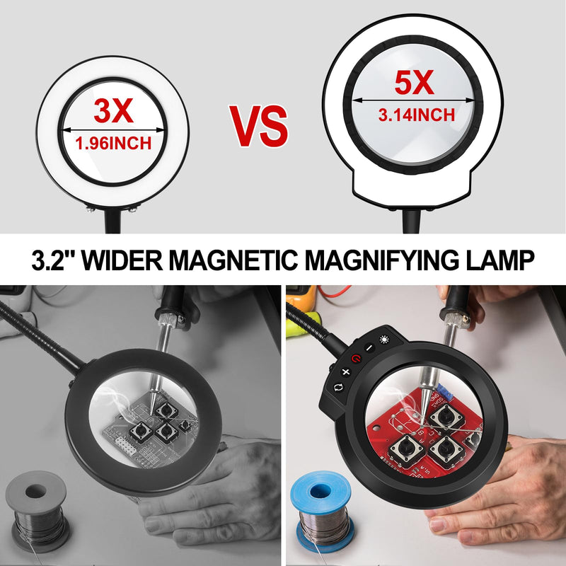 Helping Hands NEWACALOX Magnetic Magnifying Lamp, 5 Color Modes, 5X Magnifying Glass, Flexible Gooseneck, Soldering Helping Hands Base Station Black