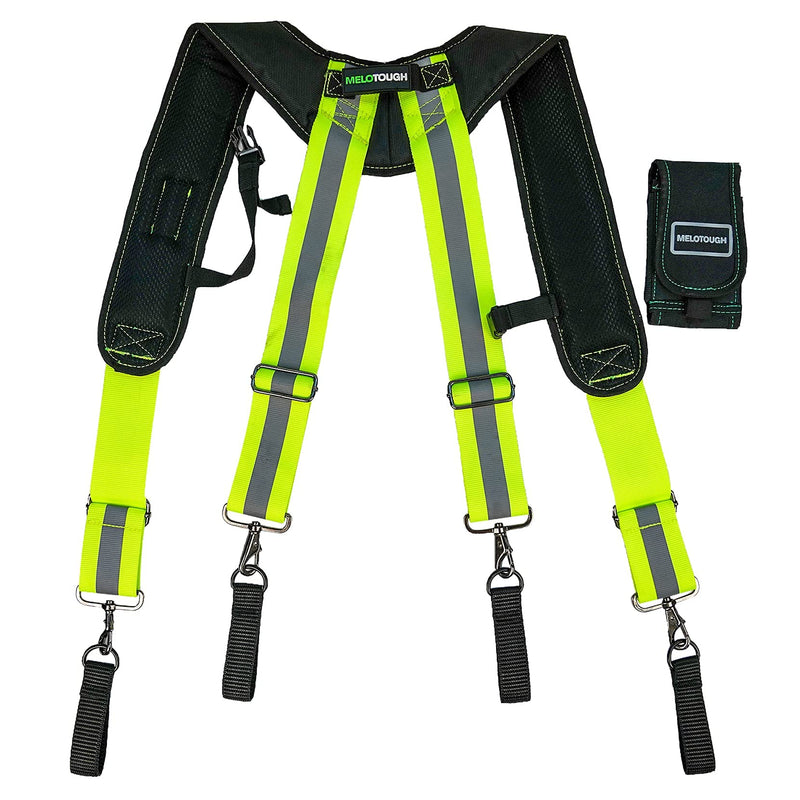MELOTOUGH Reflective Safety Suspenders Tool Belt Suspenders Construction Work Suspenders with detachable phone holder comfortable foam shoulder padder (Lime) Safety Reflective Tool Belt Suspenders with Lime Color