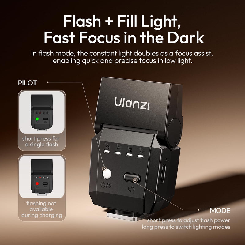 ULANZI SL03 Camera Mini Flash Speedlite with Video Light, GN8 6500K External Flash 90° Angle Adjustable Speedlite Compatible with Sony/Canon/Fuji/Nikon DSLR, Universal Single Contact Hot Shoe Mount Black