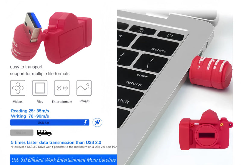 128GB USB 3.0 Flash Drive Cartoon Novelty Camera Memory Stick Silicone Rubber Pendrive Red 128GB 3.0