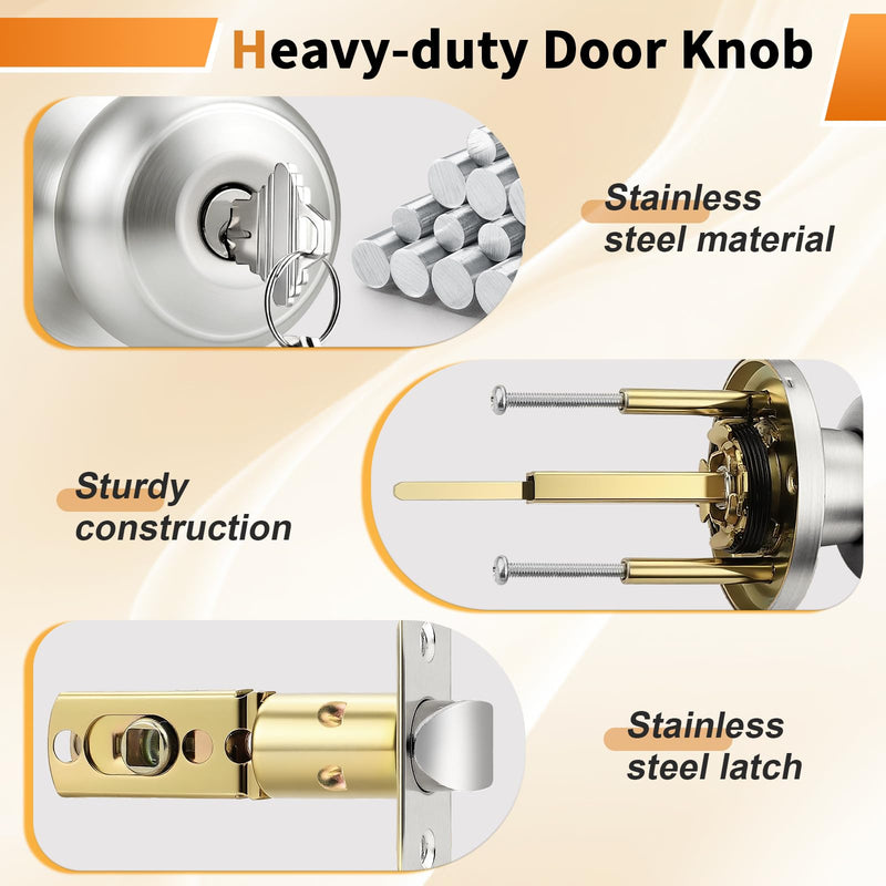 Probrico Keyed Alike Door Knobs with Lock and Key, Exterior Door Locks, Flat Ball Knob Style, Brushed Nickel, 2 Pack