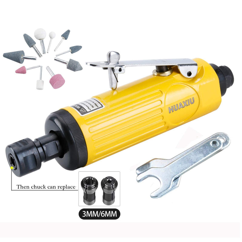 Air Die Grinder with 1/4"(6MM) and 1/8"(3MM) Collets, Pneumatic Die Grinder Kit, 22000 RPM Straight Grinder